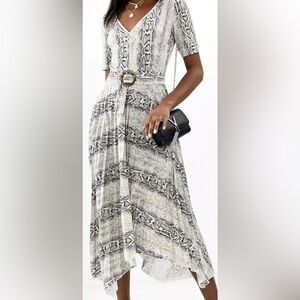 ASOS Snake Print Asymmetrical Midi‎ Dress Pleated Skirt Belted V-Neck S/S Small